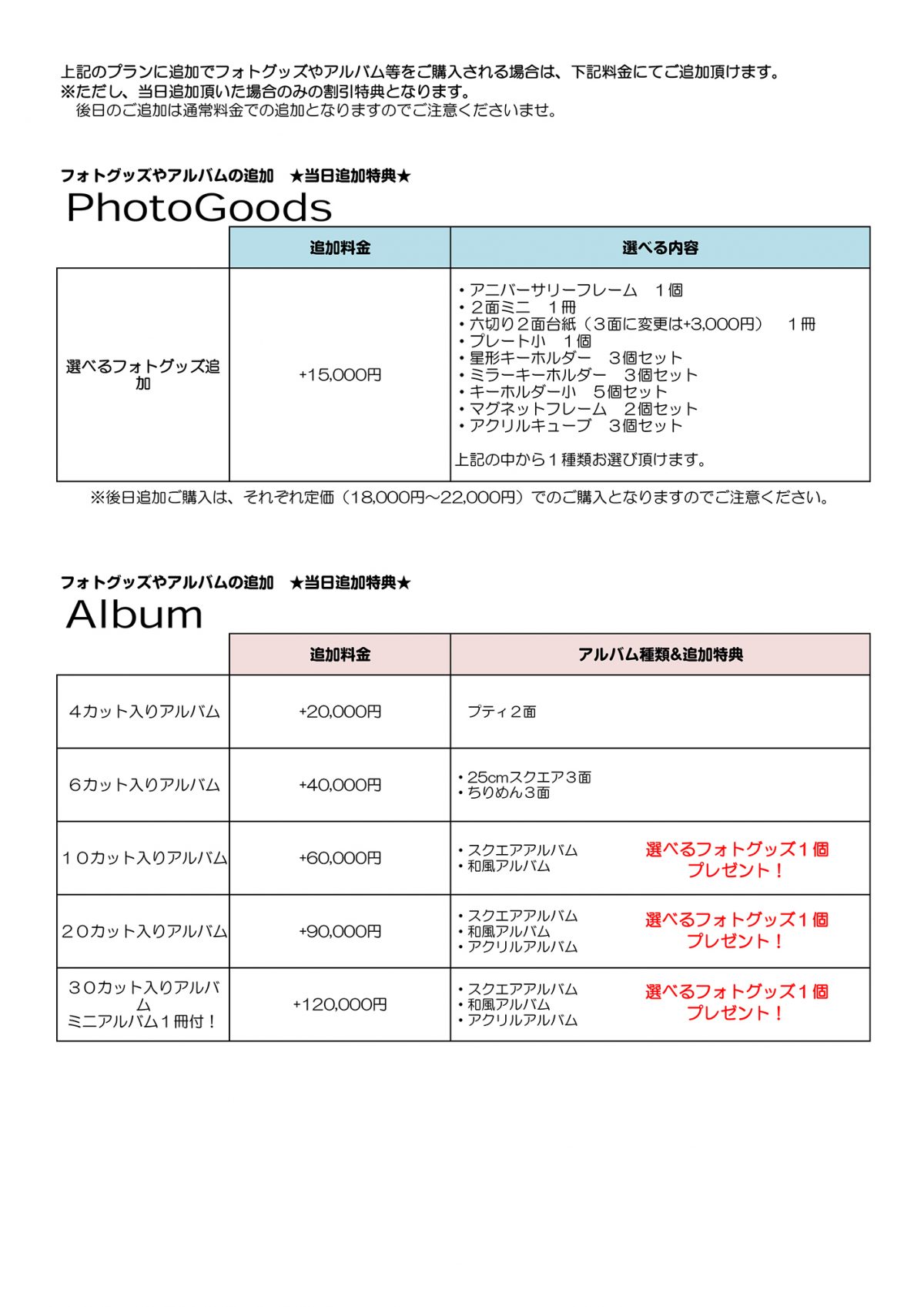 プレートやアルバム追加時の料金s
